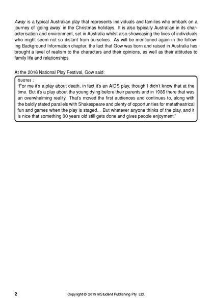 Text guide page for Away by Michael Gow, detailing play background and an author quote.