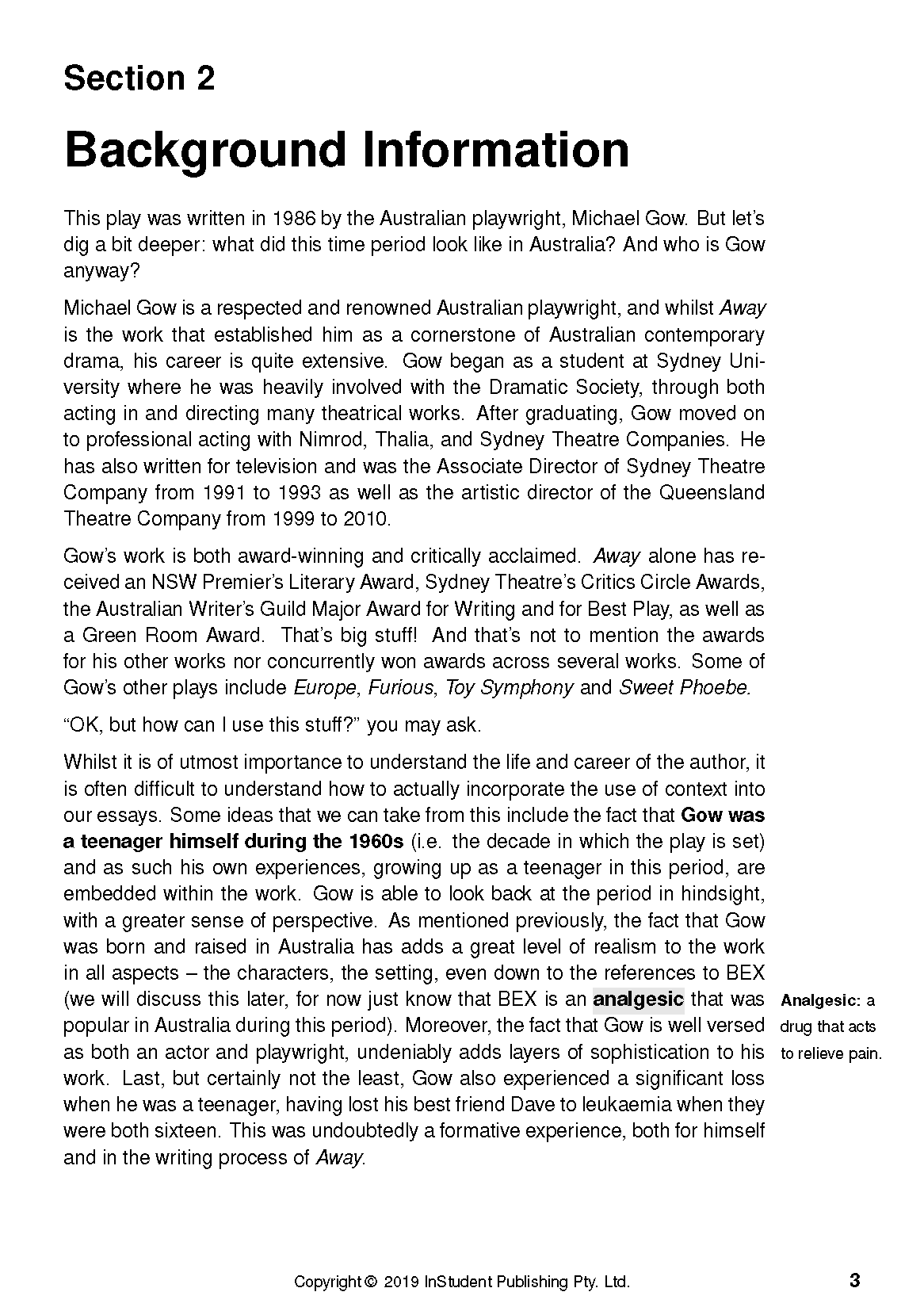 Text Guide page for Away by Michael Gow, titled "Section 2 Background Information" about the play and author.