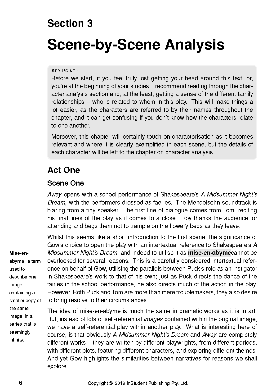 Text guide page for "Away by Michael Gow" with headings, paragraphs, a "KEY POINT" box, and a sidebar definition.