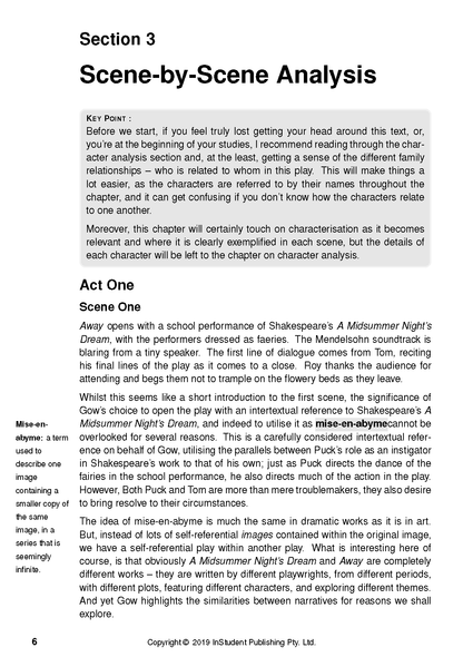 Text guide page for "Away by Michael Gow" with headings, paragraphs, a "KEY POINT" box, and a sidebar definition.