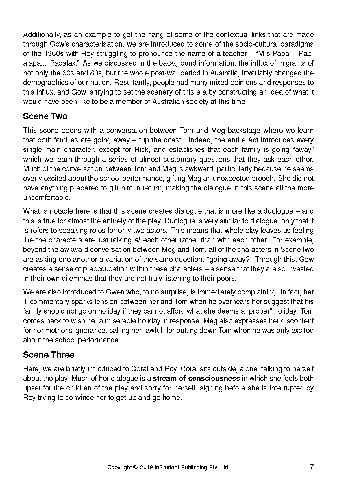 Text guide page with black text on white, detailing analysis of Scenes Two and Three, plus page 7.
