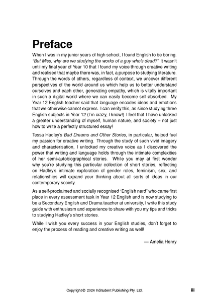 Full page of a text guide's preface for Bad Dreams and Other Stories by Tessa Hadley, signed by Amelia Henry.