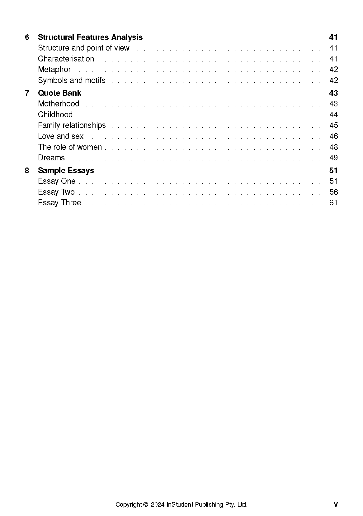 Text guide for 'Bad Dreams and Other Stories' by Tessa Hadley from InStudent Publishing Pty. Ltd., displaying its table of contents with analysis and essay sections.