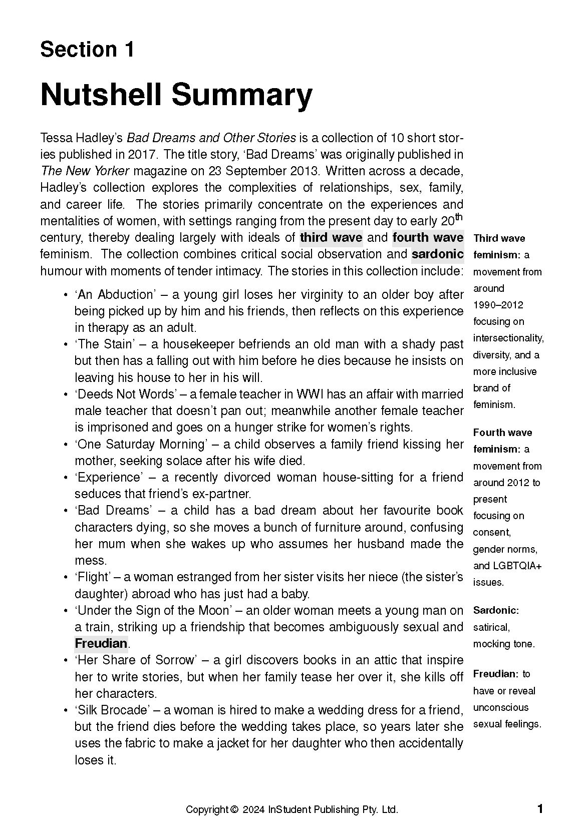 Text Guide for 'Bad Dreams and Other Stories' by InStudent Publishing, displaying the Nutshell Summary page with story details and definitions.