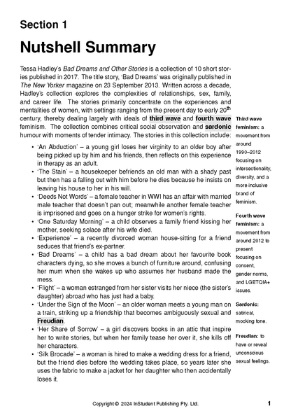 Text Guide for 'Bad Dreams and Other Stories' by InStudent Publishing, displaying the Nutshell Summary page with story details and definitions.