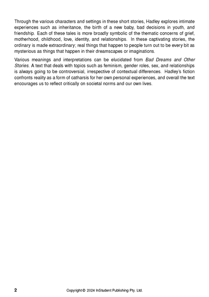 Text Guide for Bad Dreams and Other Stories by Tessa Hadley, displaying descriptive text on a white page with page number 2 and copyright.