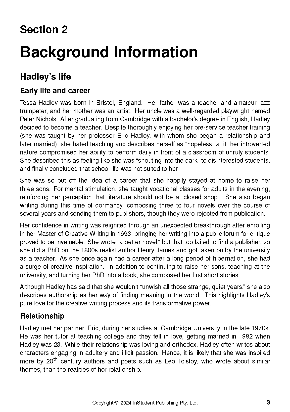 Text Guide from InStudent Publishing Pty. Ltd., displaying a page with black text on a white background, detailing Hadley's life.
