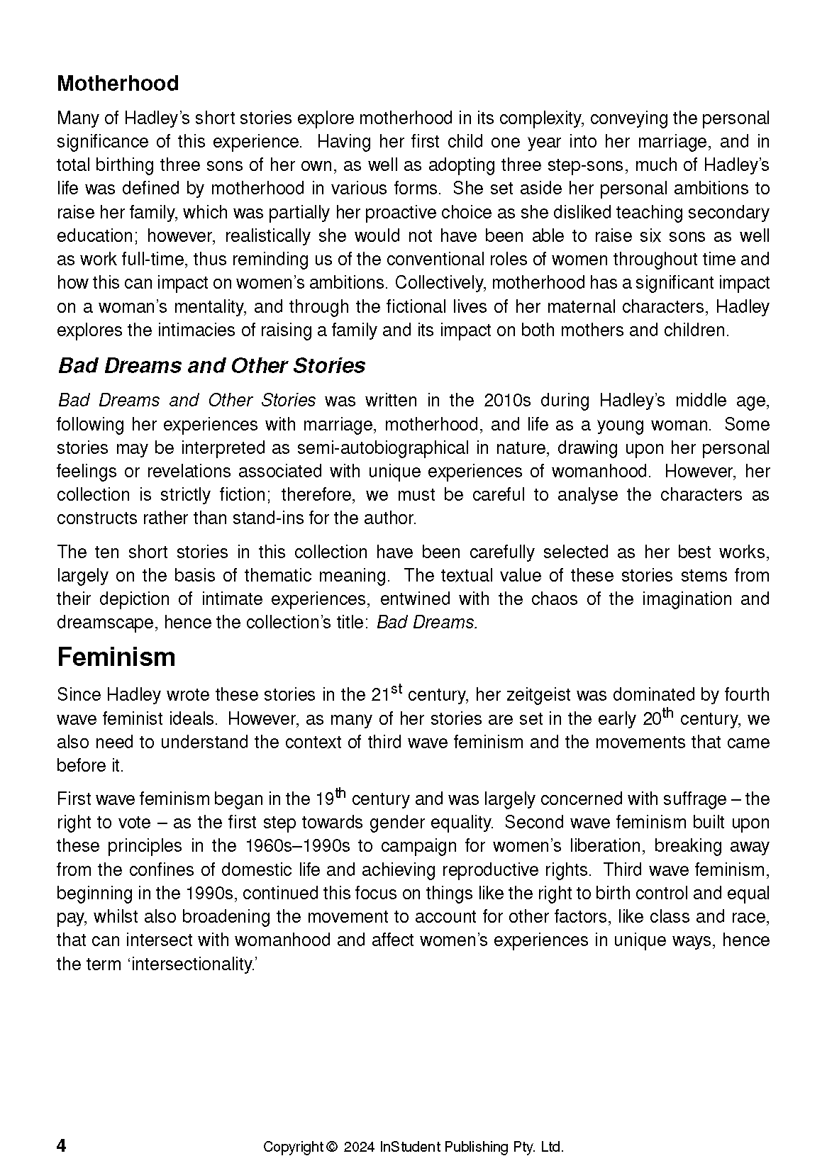 Text Guide page about "Bad Dreams and Other Stories" by Tessa Hadley, displaying sections on "Motherhood" and "Feminism", with copyright information.