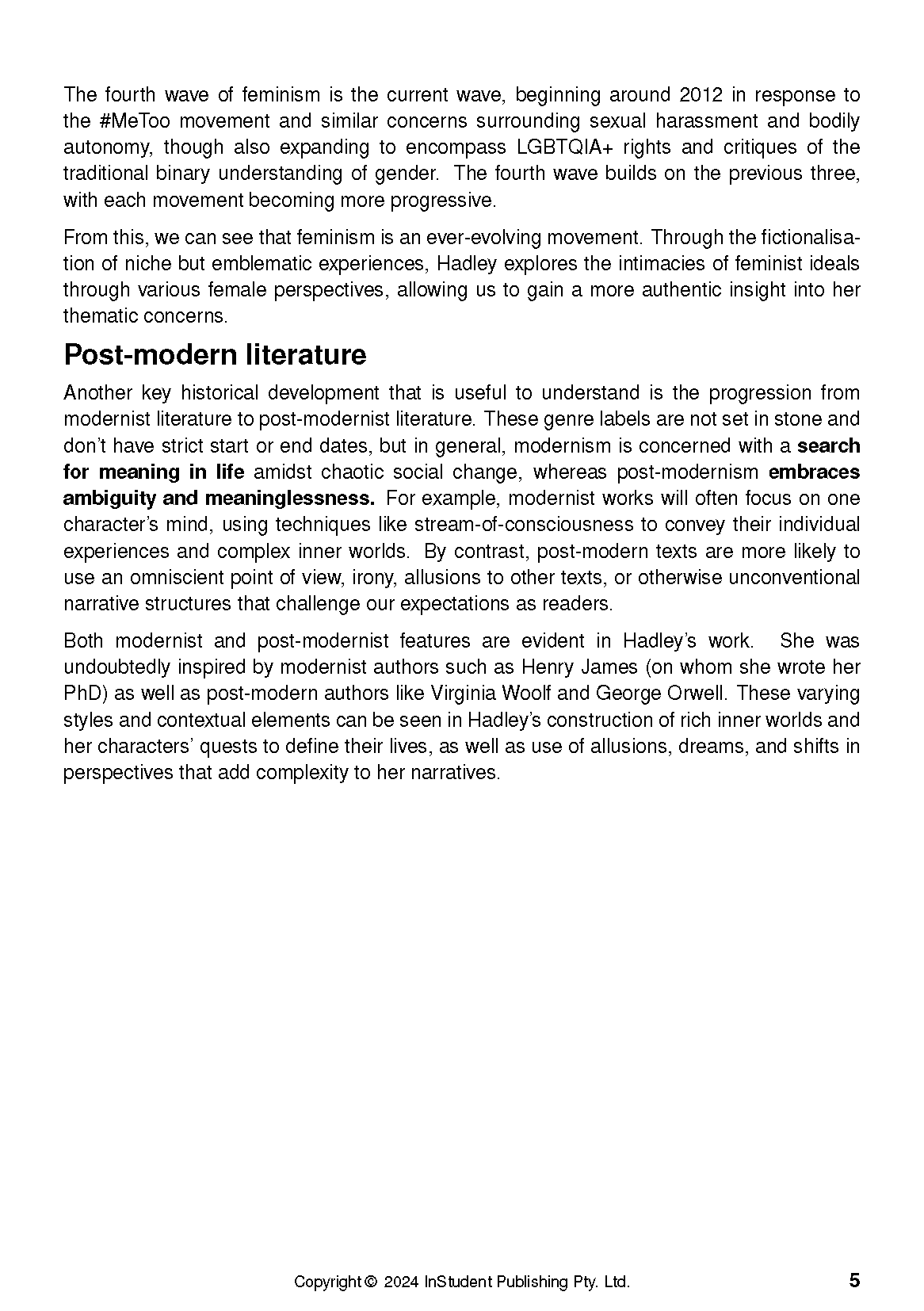 Text Guide by Tessa Hadley, showing a page discussing feminism and post-modern literature.