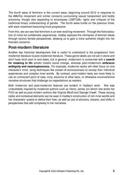 Text Guide by Tessa Hadley, showing a page discussing feminism and post-modern literature.