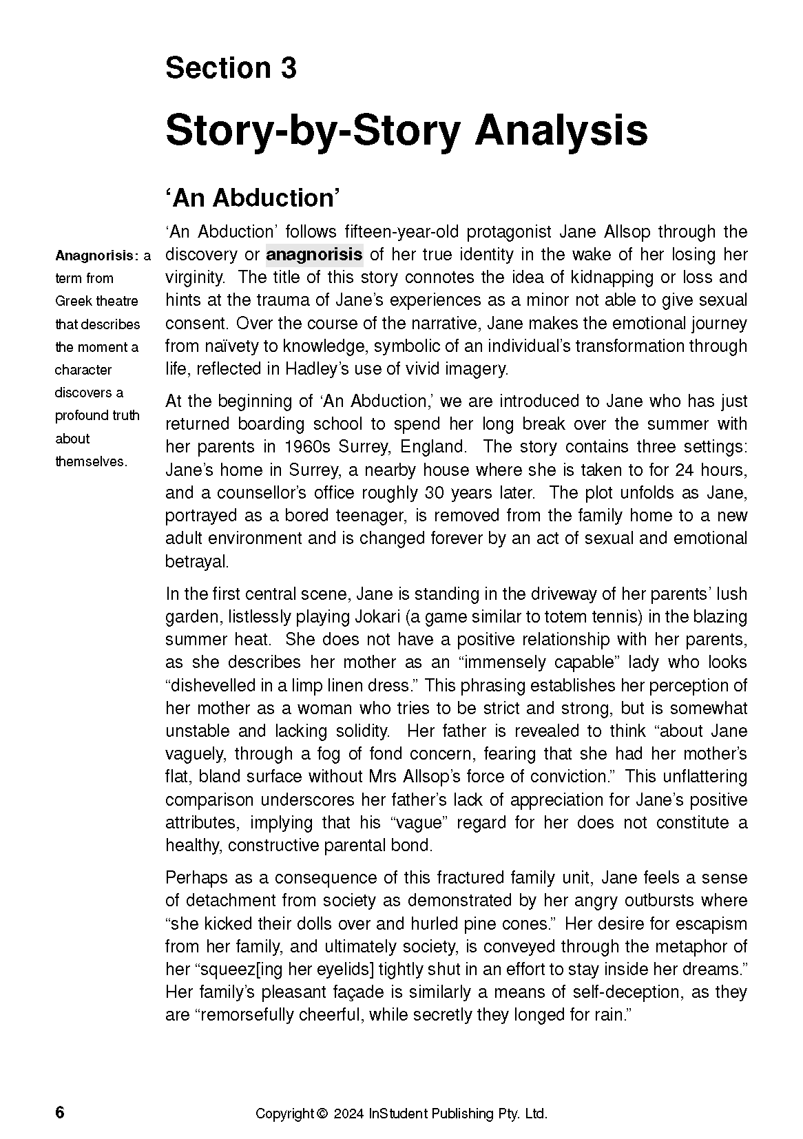 White text guide page by Tessa Hadley, showing analysis for 'An Abduction' in black print.