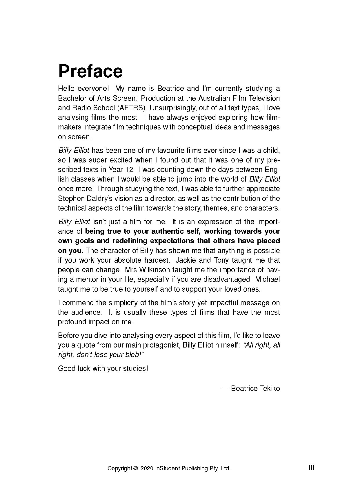 White Text Guide page with black text, titled 'Preface,' discussing the film Billy Elliot.