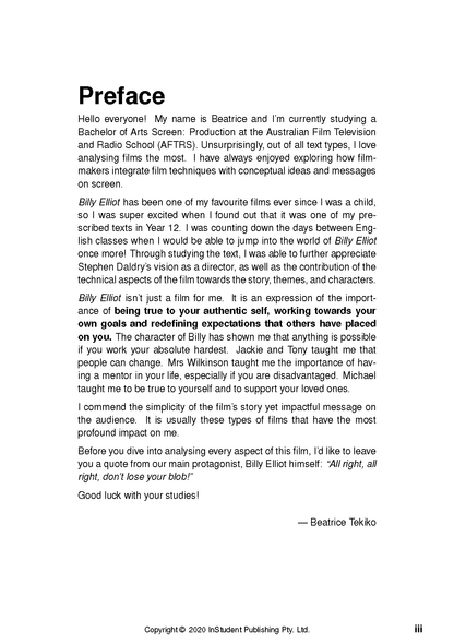 White Text Guide page with black text, titled 'Preface,' discussing the film Billy Elliot.