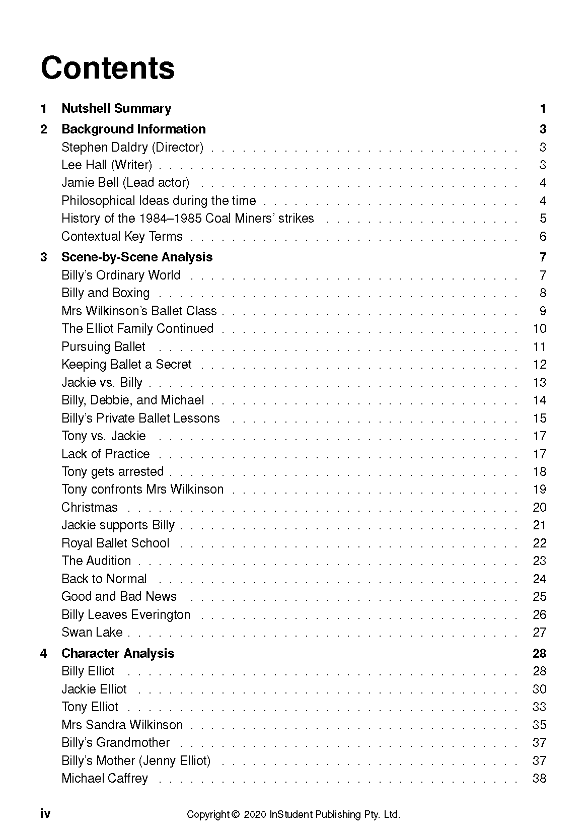 Text Guide page displaying the table of contents for Billy Elliot, with numbered sections and page numbers.