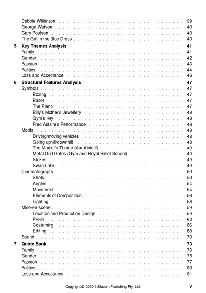 Text guide with a detailed table of contents listing chapters on analysis and quotes, shown on a white page.