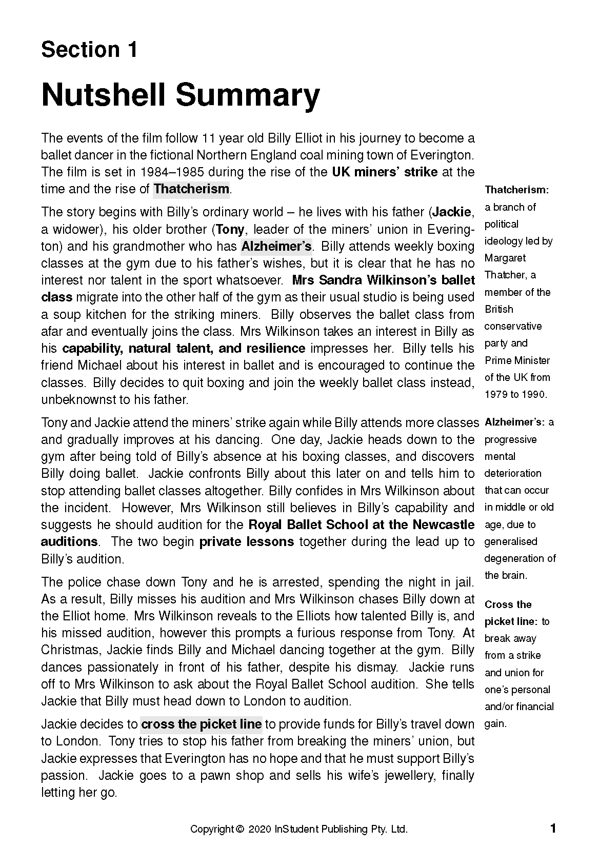 Text Guide page with black text on white paper, showing 'Section 1 Nutshell Summary' about Billy Elliot and character definitions.