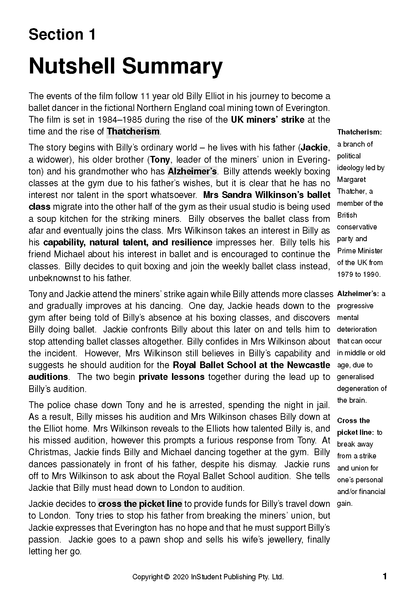 Text Guide page with black text on white paper, showing 'Section 1 Nutshell Summary' about Billy Elliot and character definitions.