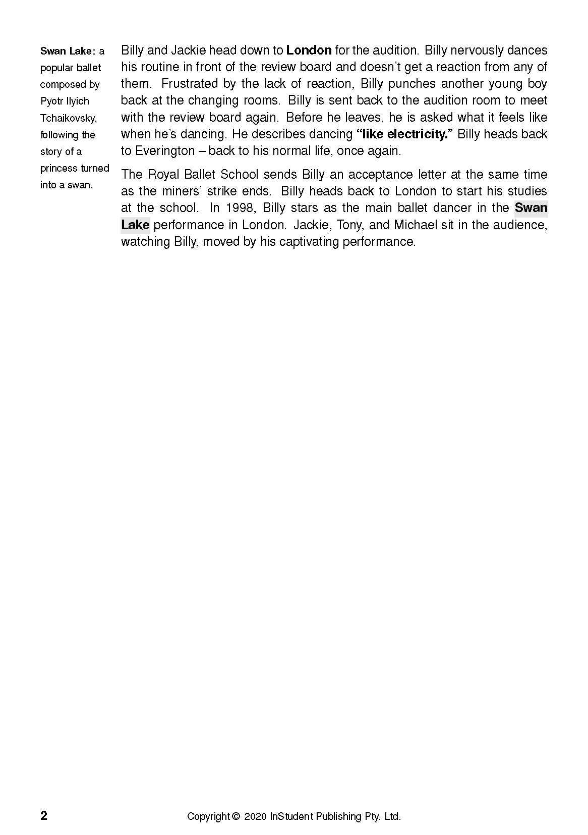 Text guide page with black text on a white background, detailing Billy Elliot's ballet journey and a summary of Swan Lake, page 2.