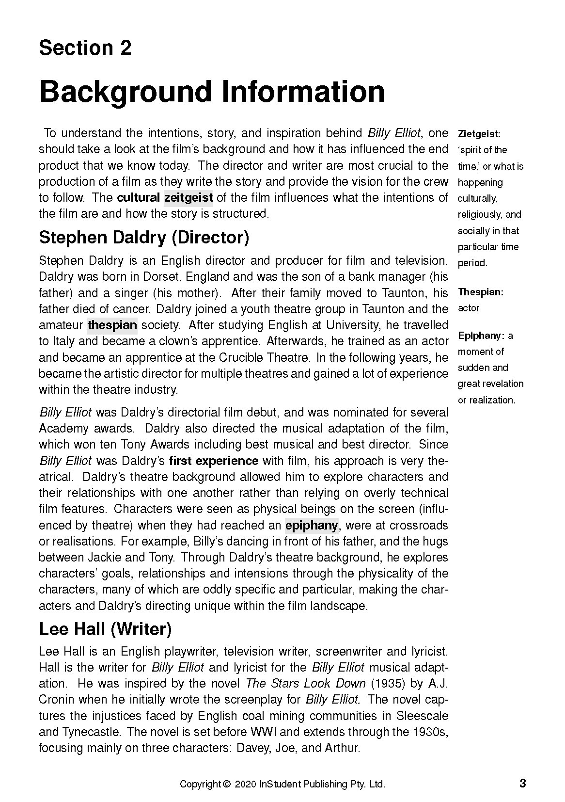 White page from a text guide titled "Background Information", featuring text on Stephen Daldry and Lee Hall.
