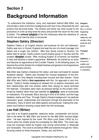 White page from a text guide titled "Background Information", featuring text on Stephen Daldry and Lee Hall.