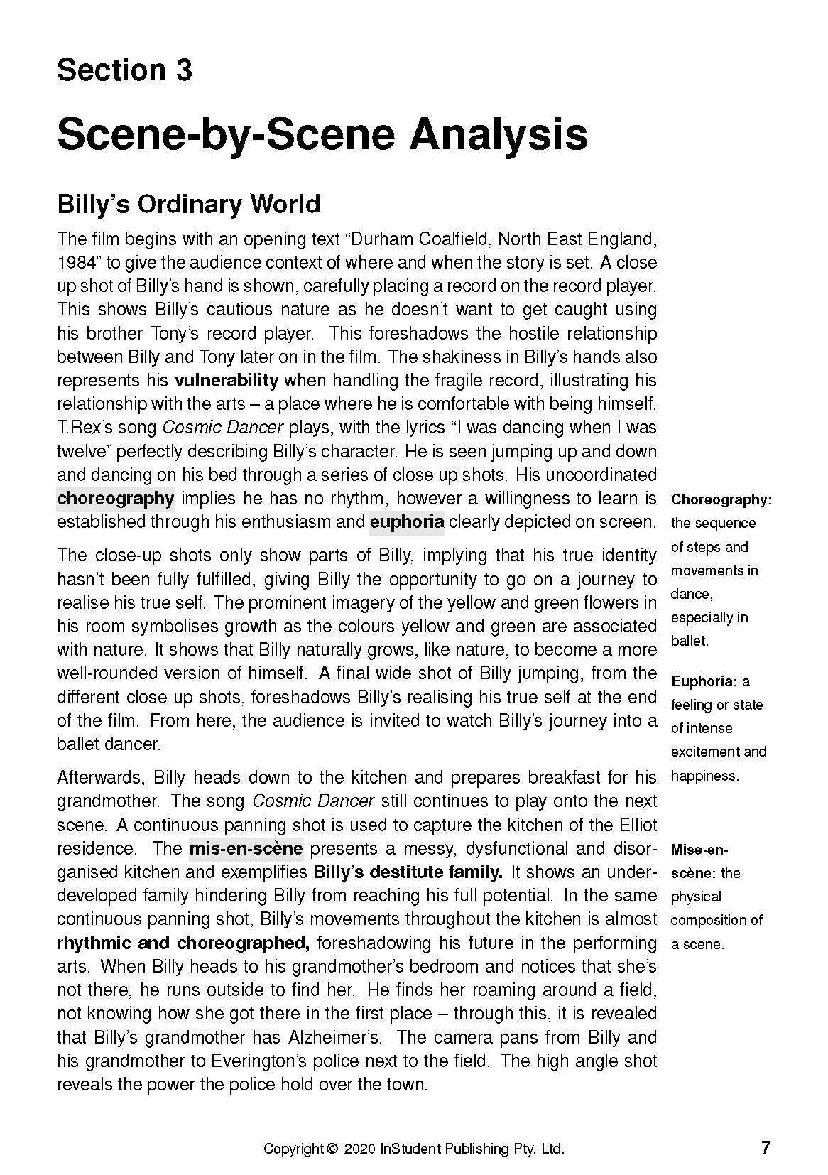 Text Guide page showing a scene-by-scene analysis with black text, highlighted words, and side definitions on a white background.