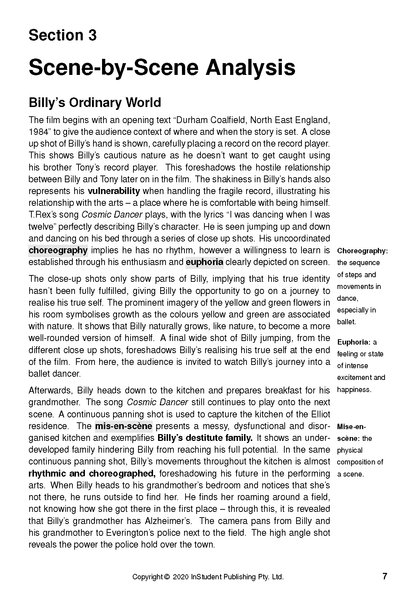 Text Guide page showing a scene-by-scene analysis with black text, highlighted words, and side definitions on a white background.
