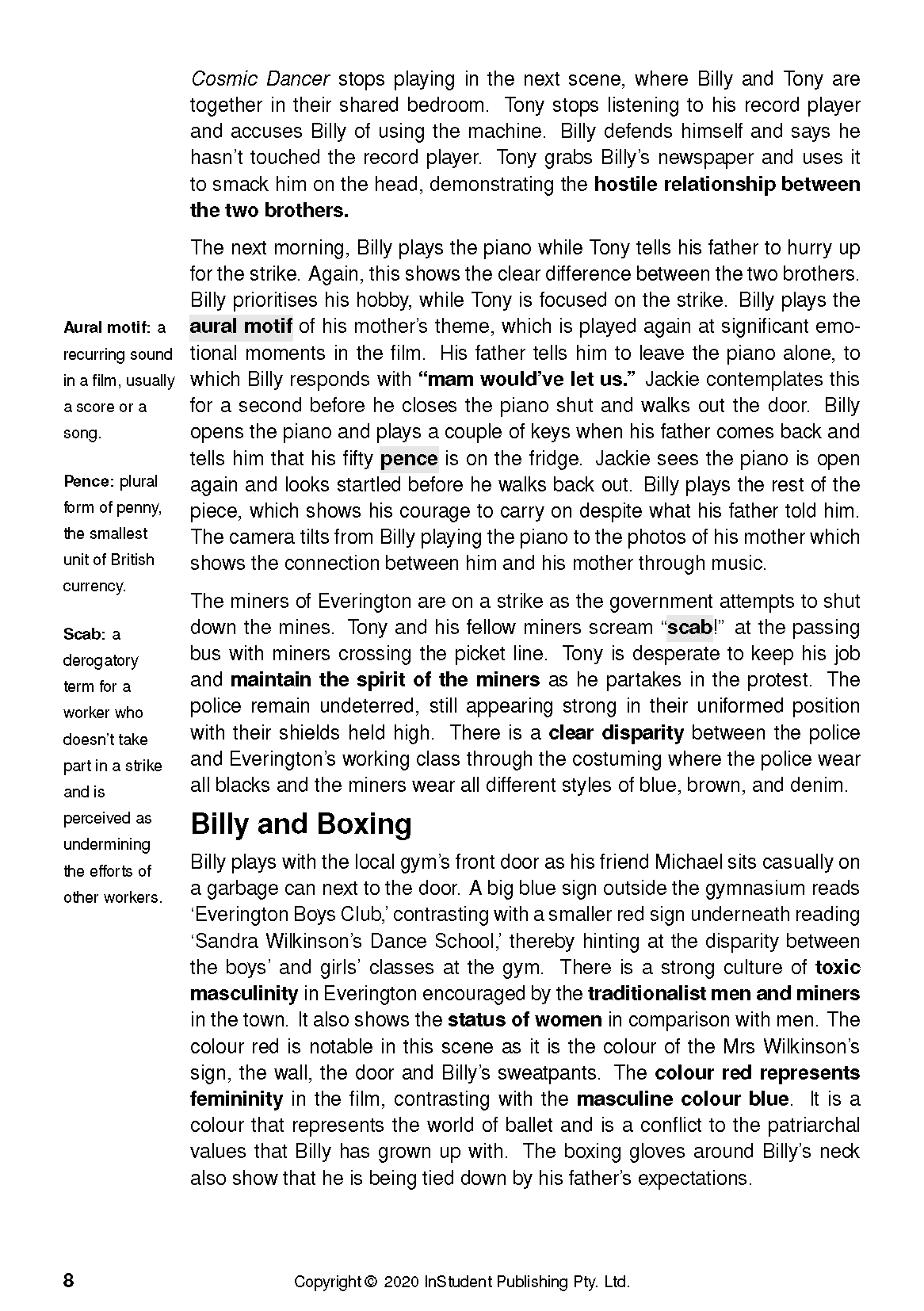Text Guide for Billy Elliot by Stephen Daldry, showing a white page with black text, headings, and definitions.