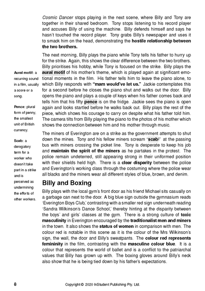 Text Guide for Billy Elliot by Stephen Daldry, showing a white page with black text, headings, and definitions.