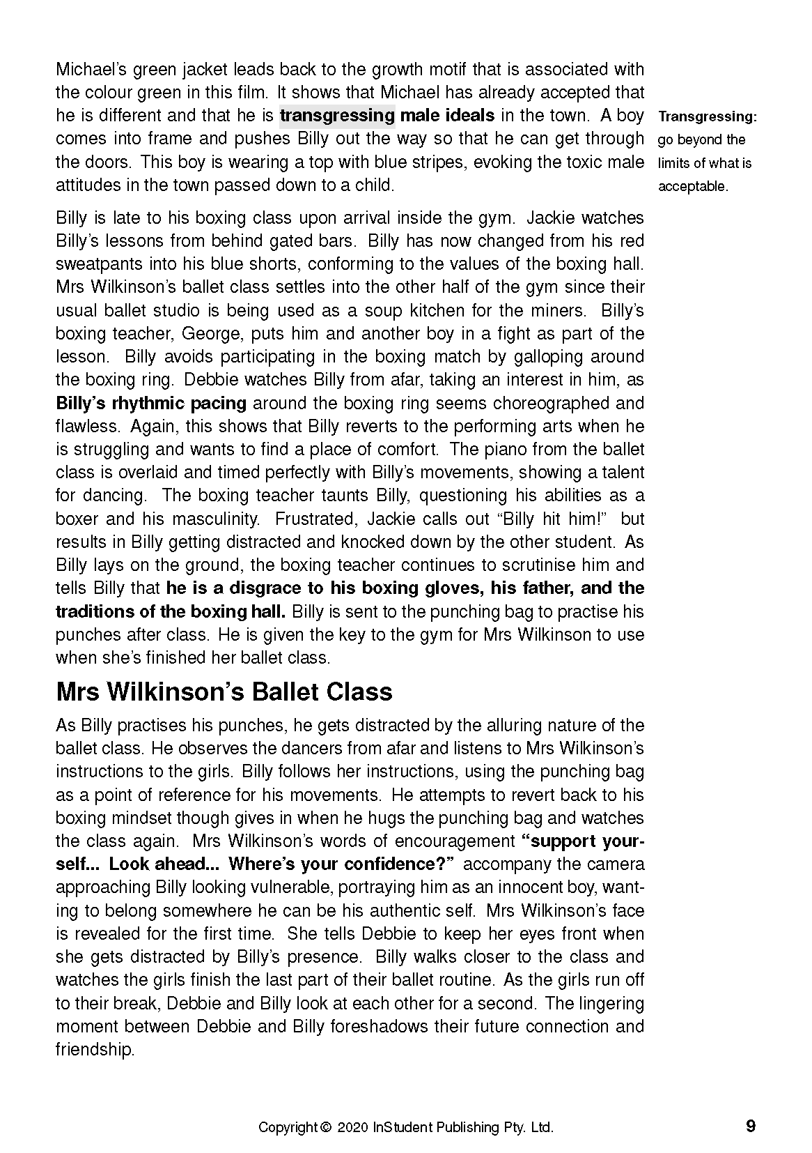 Text guide page with black text on white background, showing content about Billy Elliot and a definition for "Transgressing".