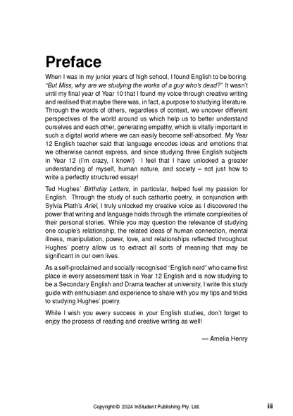 Text guide preface page from InStudent Publishing Pty. Ltd. with black text and author Amelia Henry.