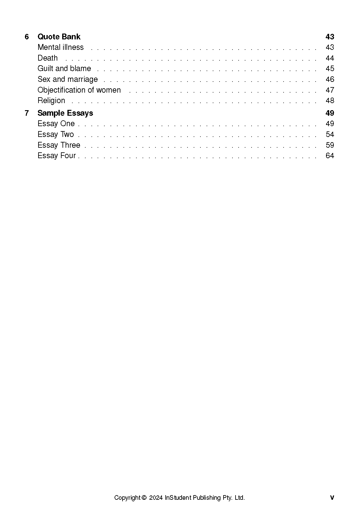 Table of contents page from a Text Guide, showing sections like 'Quote Bank' and 'Sample Essays' with page numbers, and copyright info.