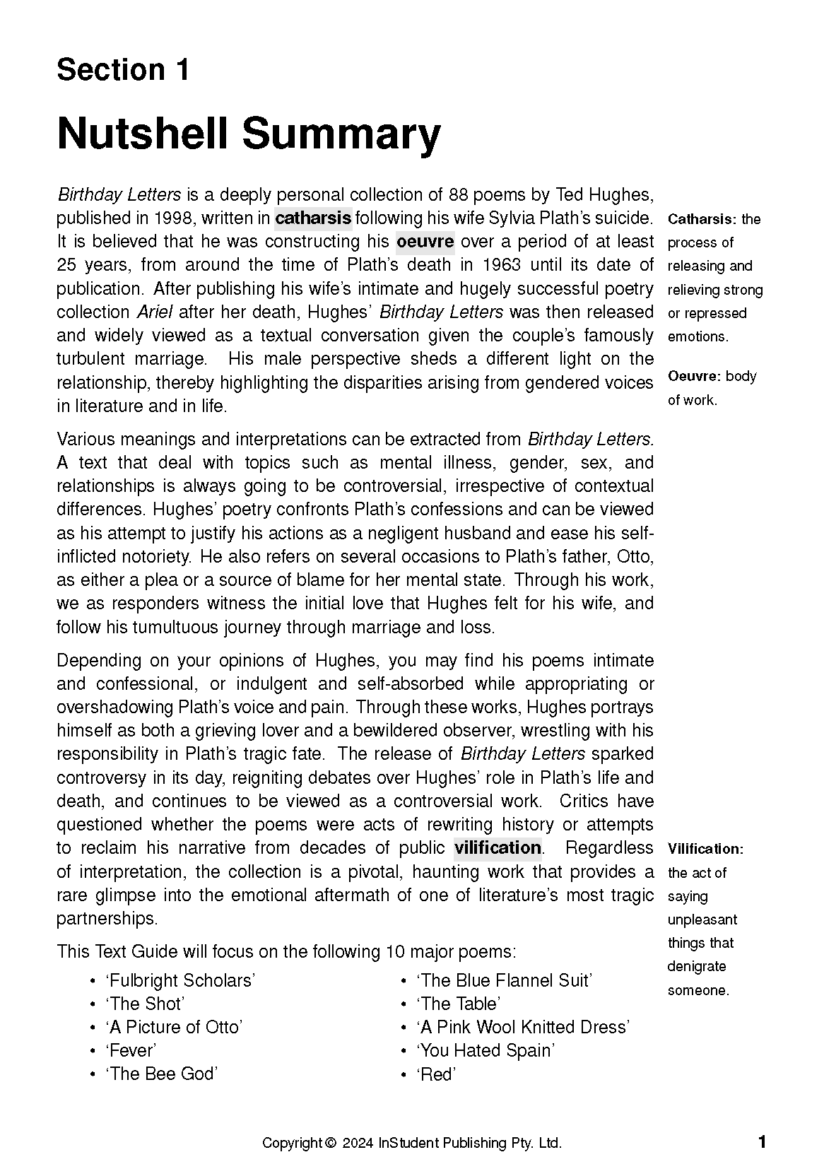 Text Guide on Birthday Letters by Ted Hughes, showing "Section 1 Nutshell Summary" with black text on a white page, including a list of poems.