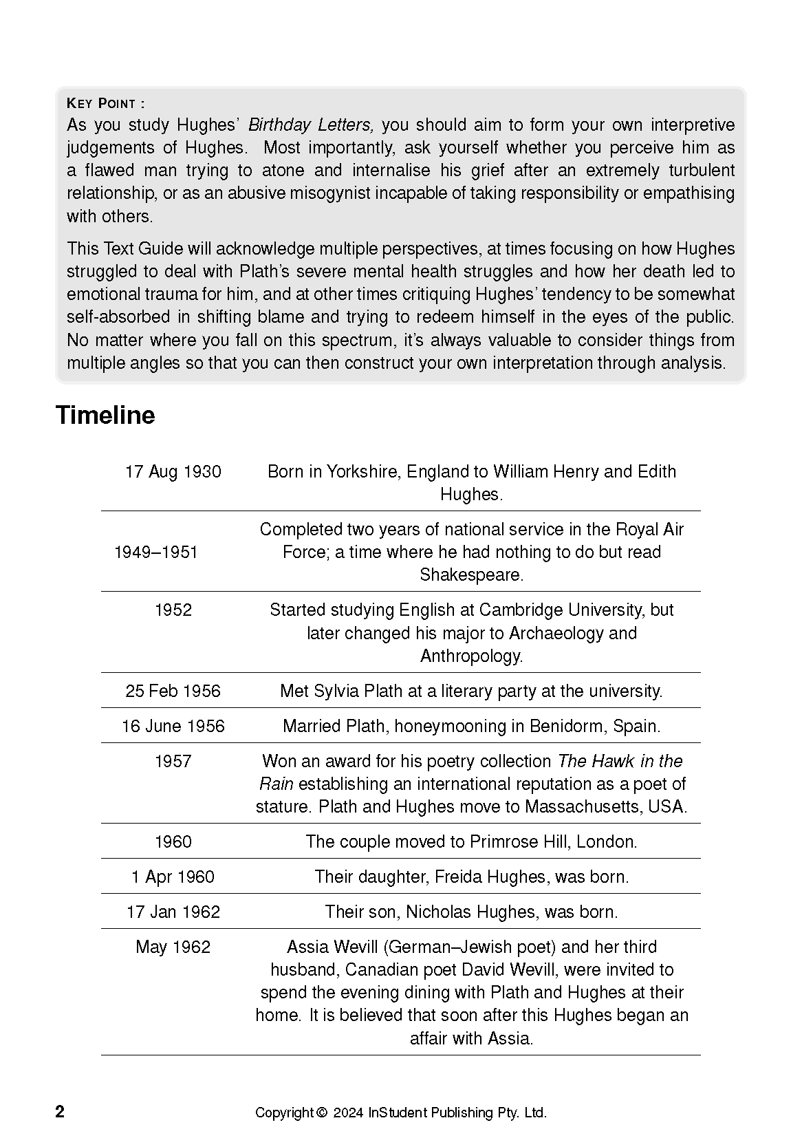 Text Guide page with a "Key Point" section and a "Timeline" of events in black text on white.