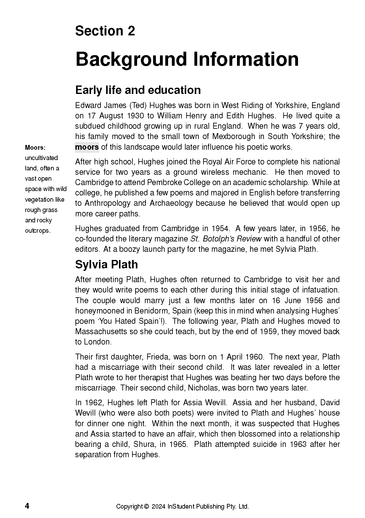 Text Guide page displaying "Section 2: Background Information" on Ted Hughes and Sylvia Plath, with a "Moors" definition.