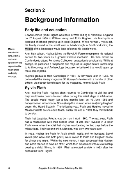 Text Guide page displaying "Section 2: Background Information" on Ted Hughes and Sylvia Plath, with a "Moors" definition.