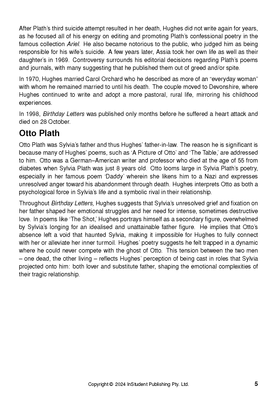 Text guide page with black text detailing the lives of Sylvia Plath and Otto Plath, showing page number 5.