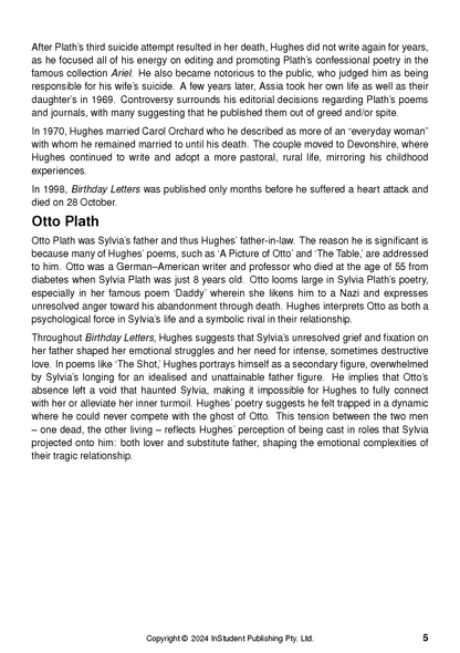 Text guide page with black text detailing the lives of Sylvia Plath and Otto Plath, showing page number 5.