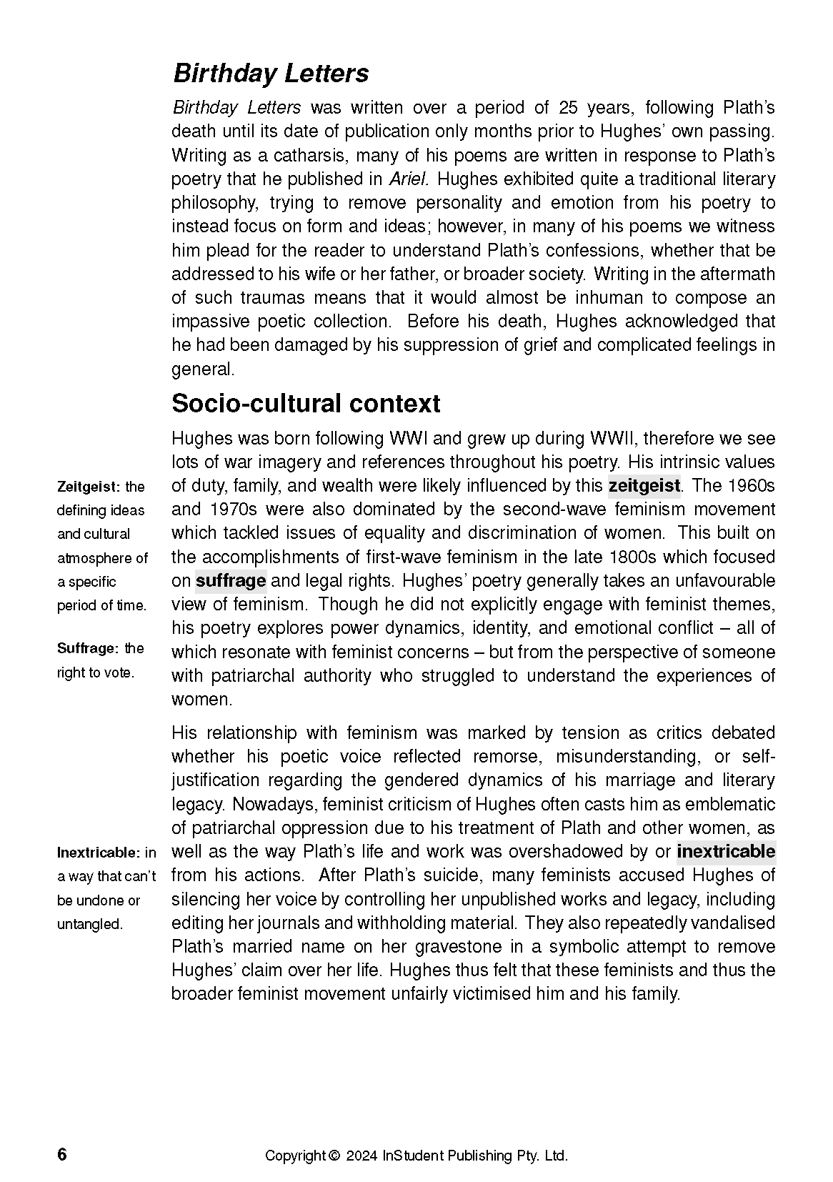 Text guide page with the title "Birthday Letters", a "Socio-cultural context" section, and marginal definitions.