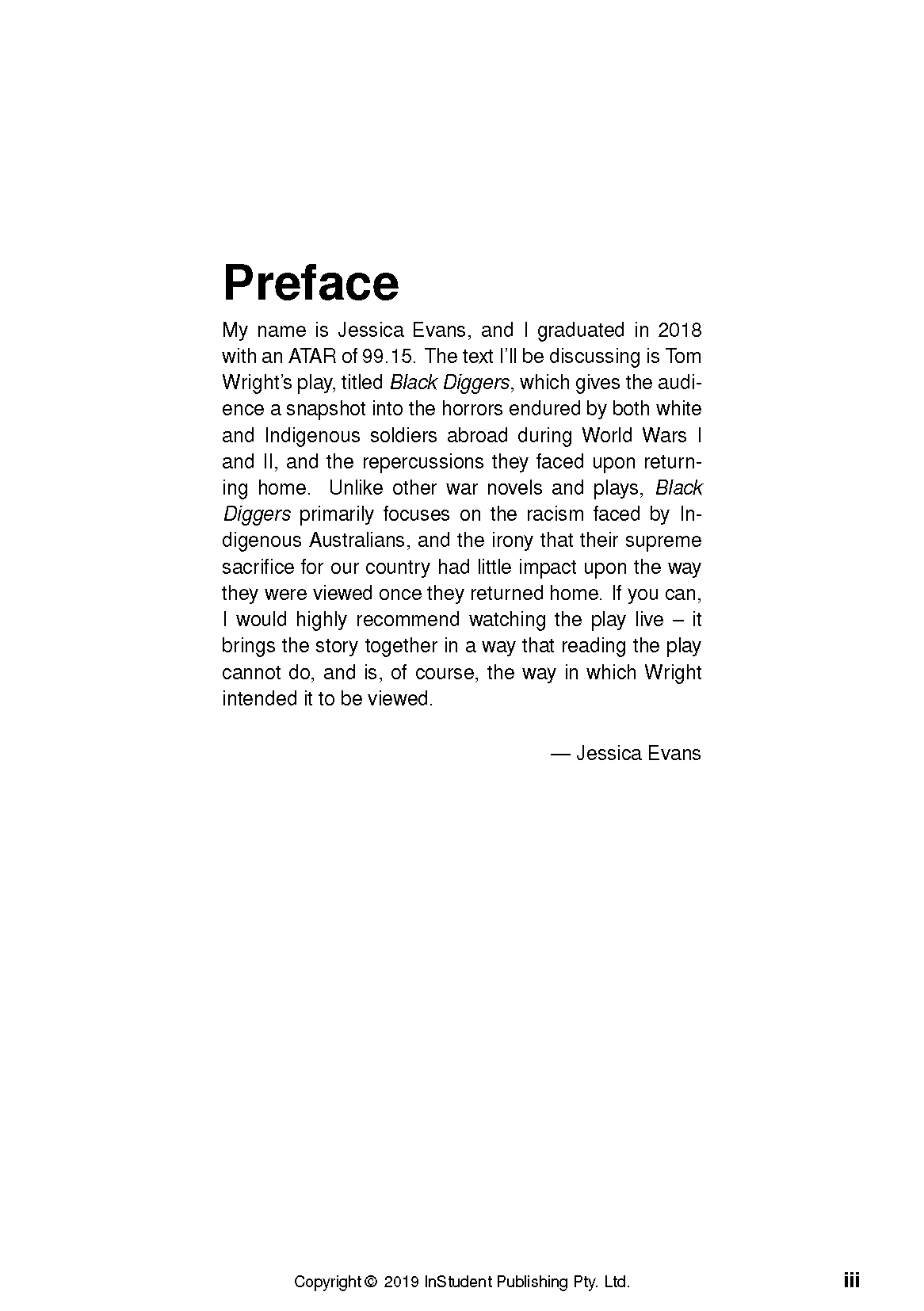Text Guide for Black Diggers by Tom Wright from InStudent Publishing Pty. Ltd., displaying a preface page with body text.