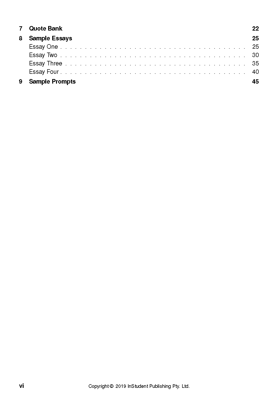 A text guide's table of contents page showing sections like 'Quote Bank', 'Sample Essays', and 'Sample Prompts' with page numbers.