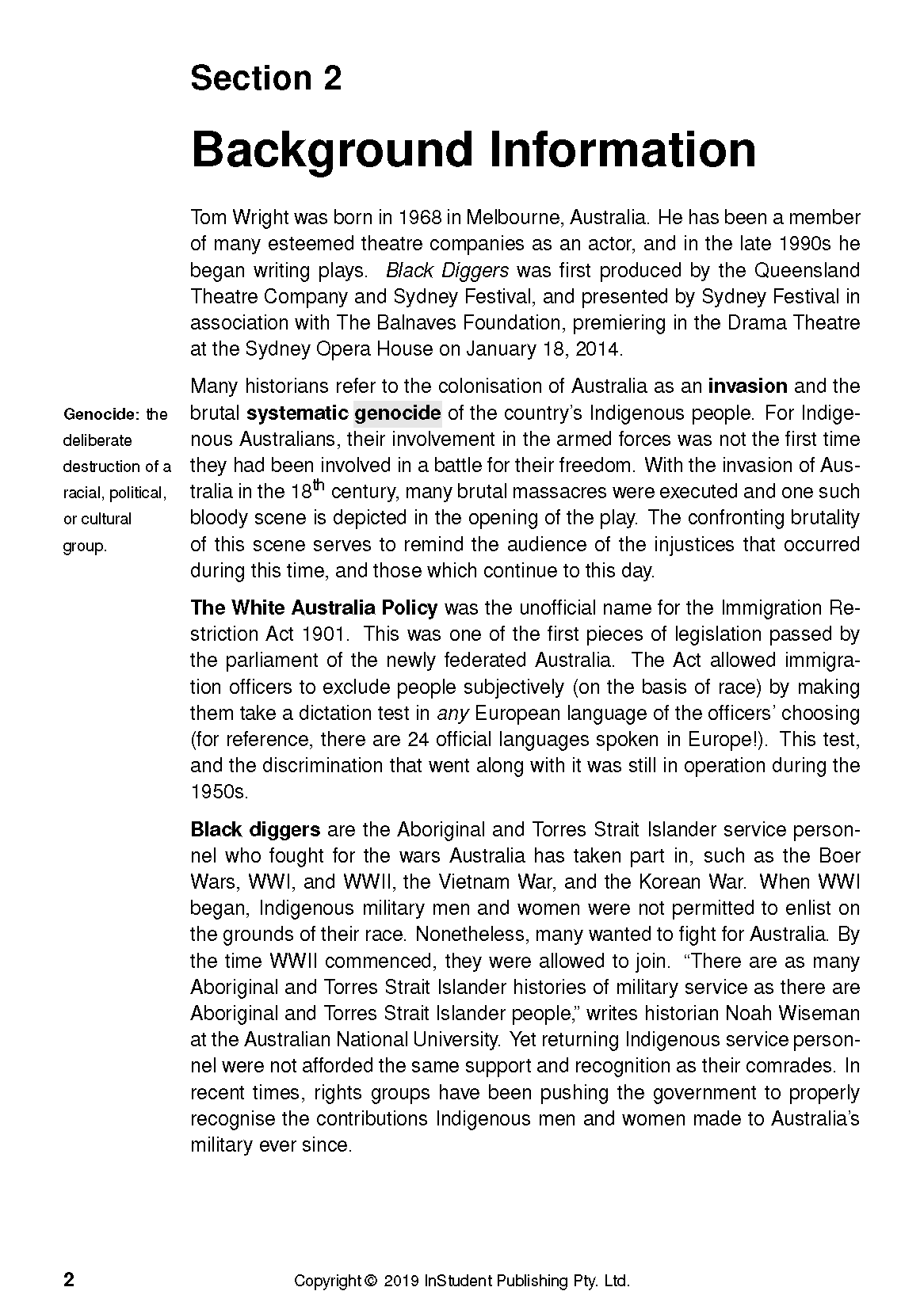 White text guide page with black text displaying 'Section 2 Background Information,' historical details about the play Black Diggers, and a 'Genocide' definition.