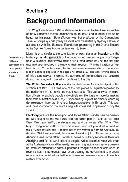White text guide page with black text displaying 'Section 2 Background Information,' historical details about the play Black Diggers, and a 'Genocide' definition.