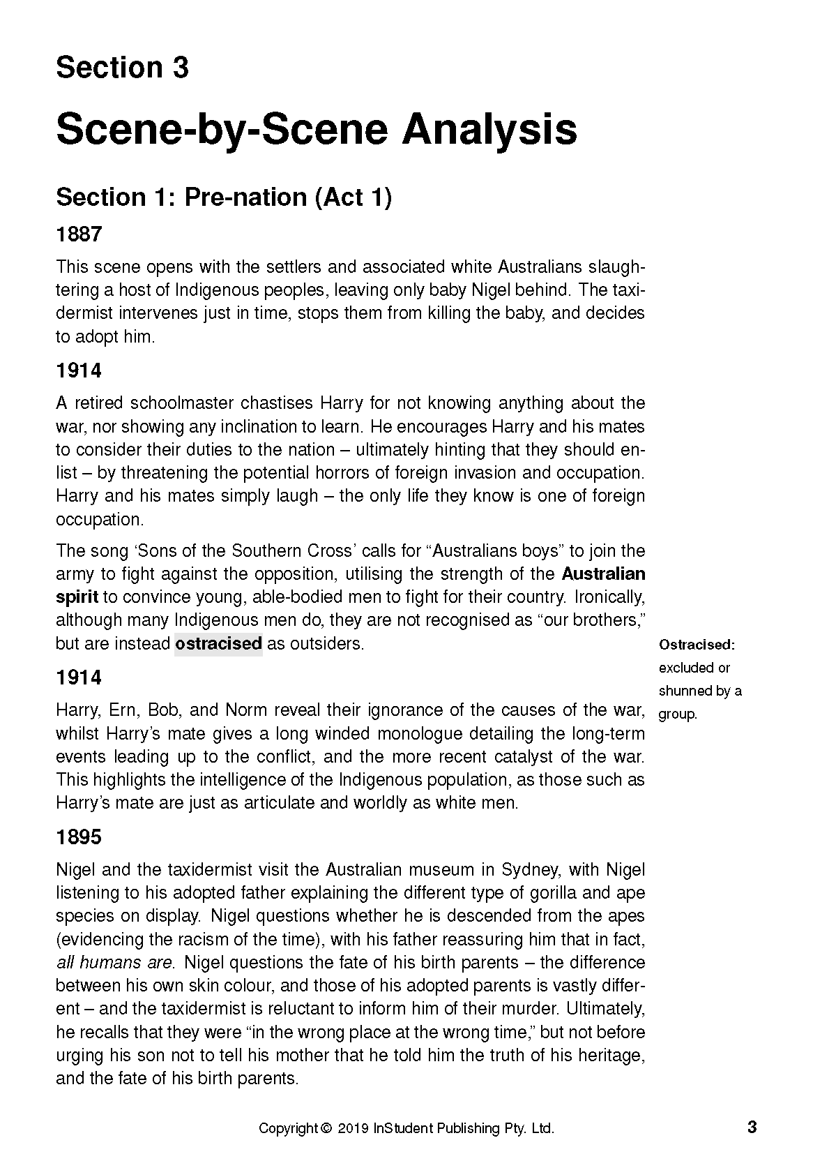 Text guide page with black text on white, displaying 'Scene-by-Scene Analysis' of 'Black Diggers' with year-marked sections.