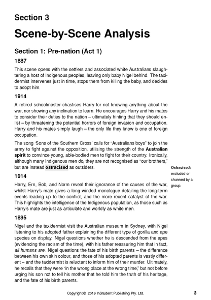 Text guide page with black text on white, displaying 'Scene-by-Scene Analysis' of 'Black Diggers' with year-marked sections.