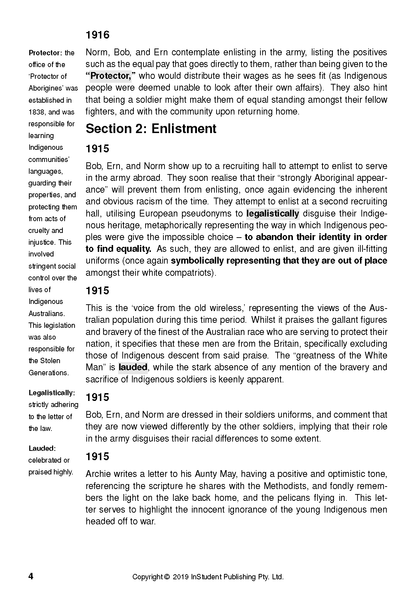 Black and white page from a Text Guide by Tom Wright, featuring historical text, definitions, and bolded keywords about Aboriginal history and enlistment.