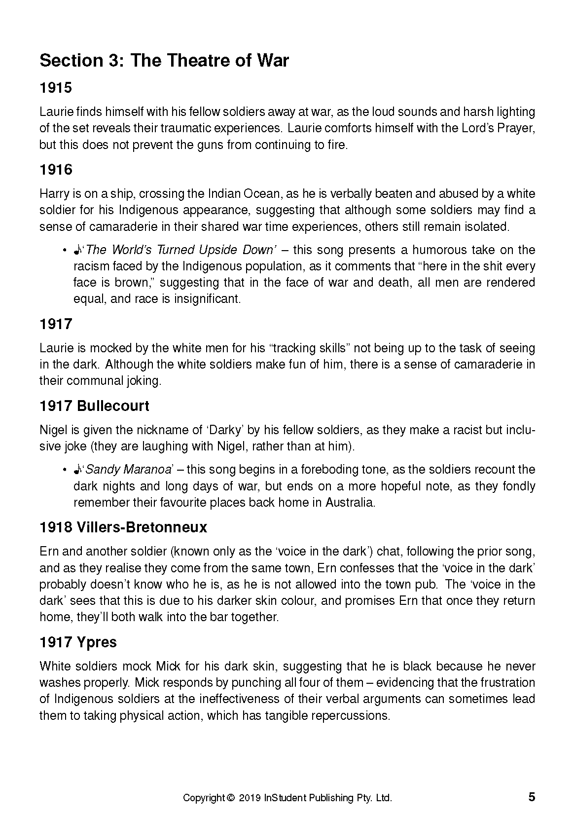 Text guide page for 'Black Diggers by Tom Wright' by InStudent Publishing, displaying black text on a white background with page number 5.