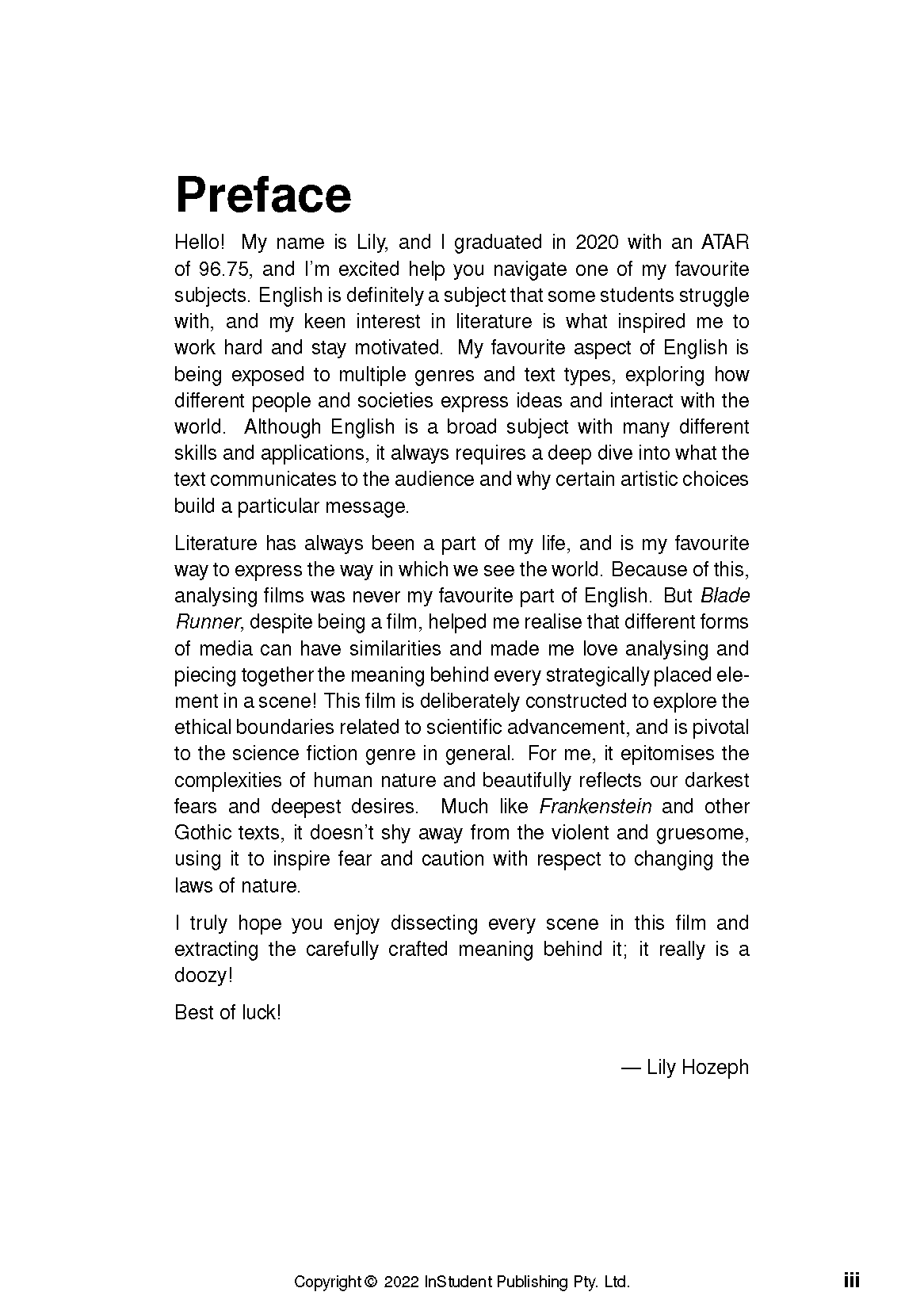 Text guide page by InStudent Publishing Pty. Ltd. displaying a preface with black text, including italicized film titles, on a white background.