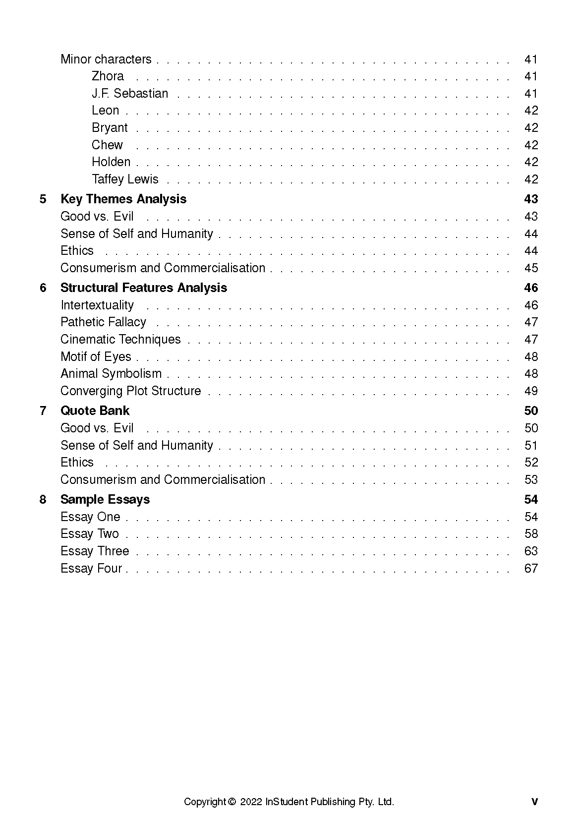 Text guide page displaying a table of contents for Blade Runner, detailing sections on characters, themes, and sample essays.