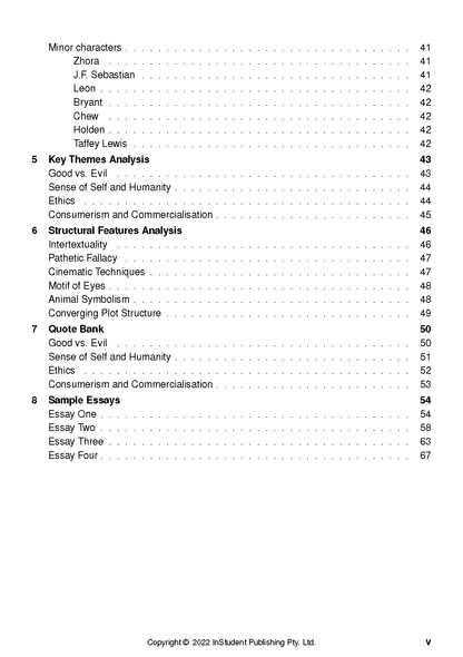 Text guide page displaying a table of contents for Blade Runner, detailing sections on characters, themes, and sample essays.