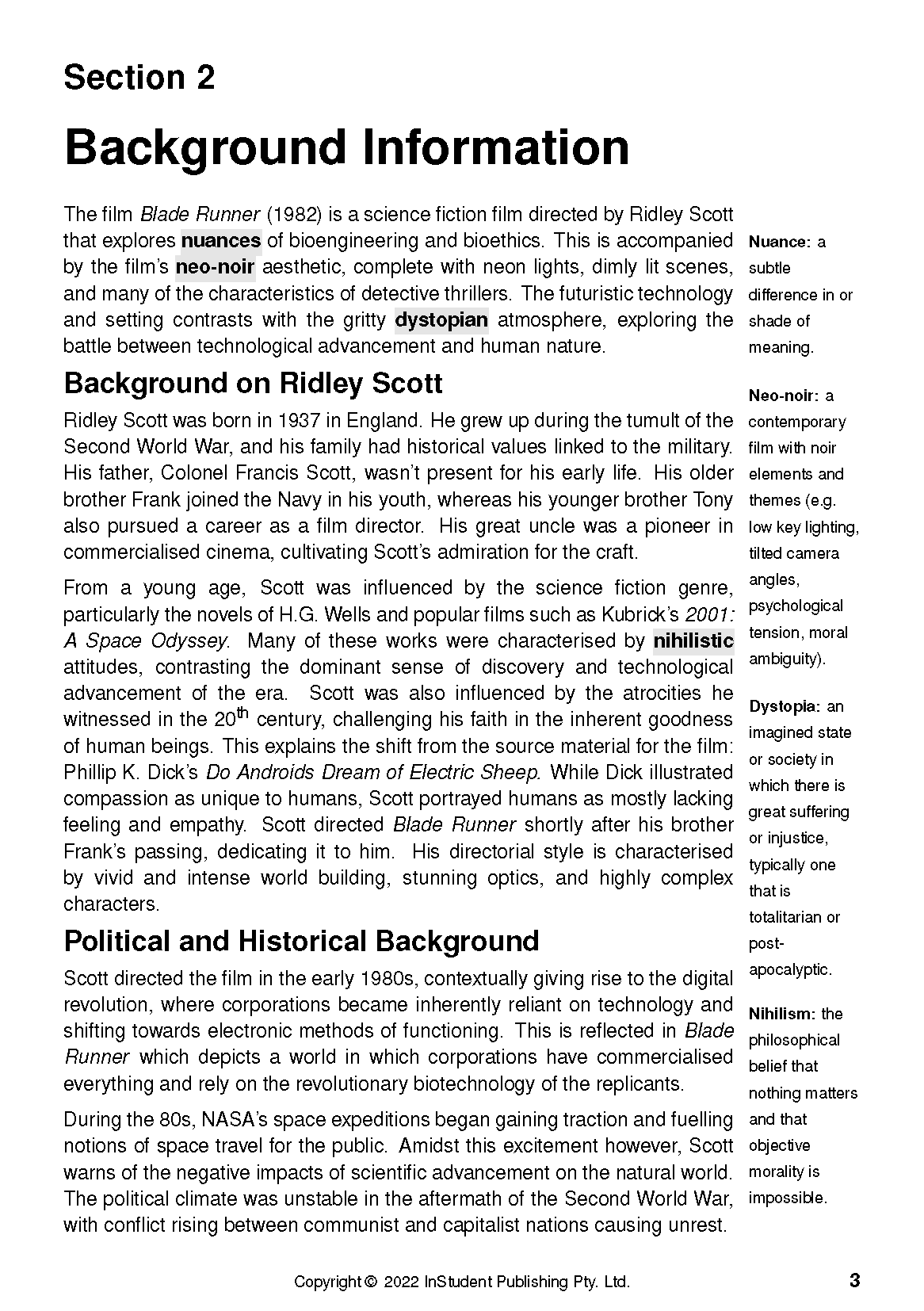 Text Guide page about Blade Runner, showing 'Background Information' with sections on Ridley Scott and 'Political and Historical Background' and sidebar definitions.